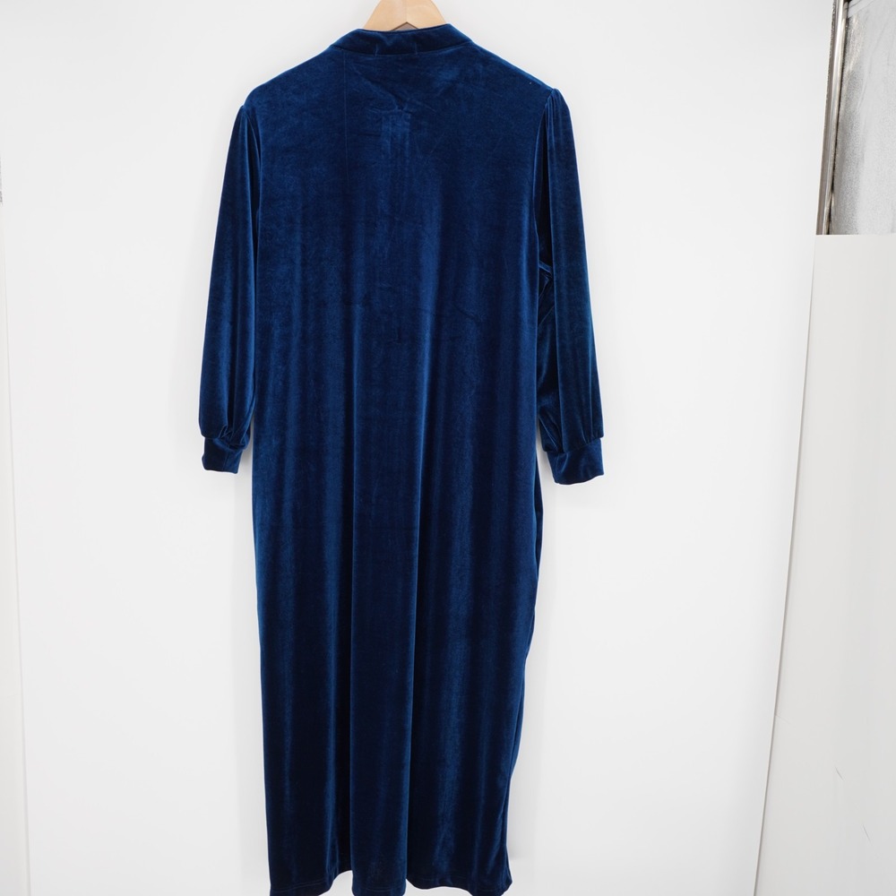La Cera Womens Velour Bathrobe XL Blue Nightgown Kaftan Smocked Pockets Cozy - Picture 2 of 14